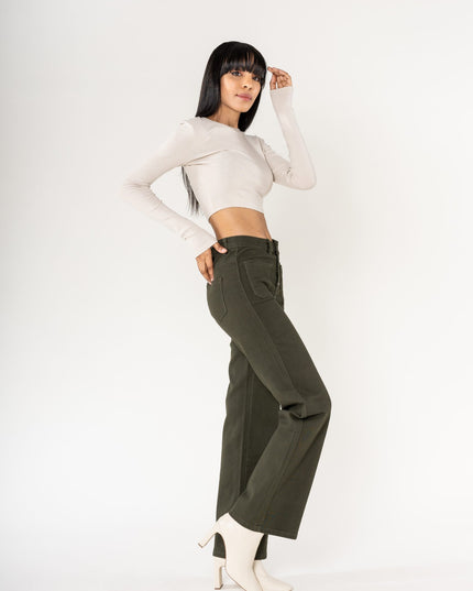 Wholesale colour khaki super wide leg jeans with high rise and buttons