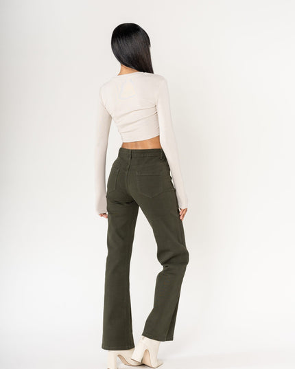Wholesale colour khaki super wide leg jeans with high rise and buttons