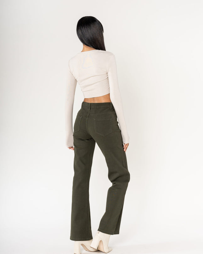Wholesale colour khaki super wide leg jeans with high rise and buttons