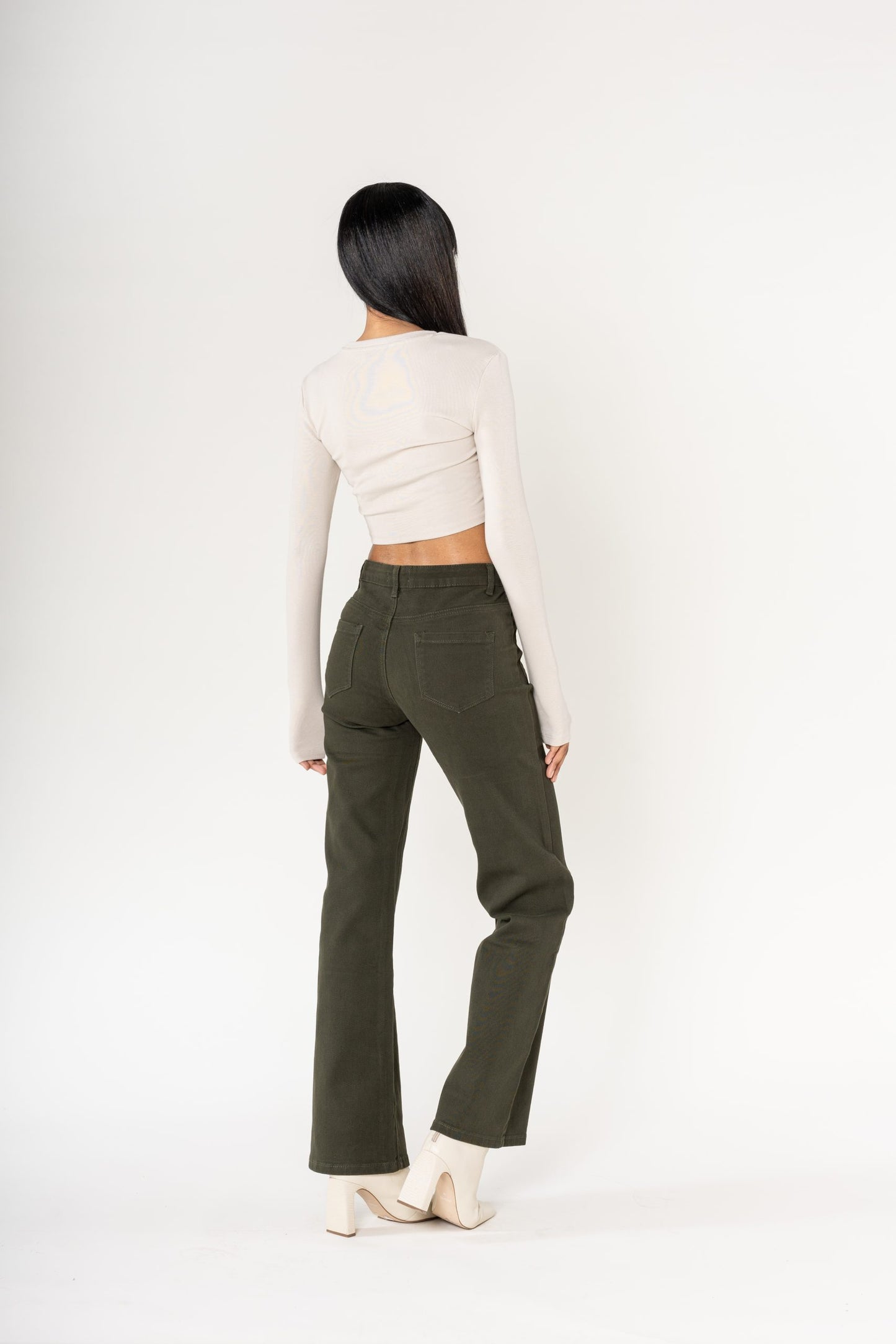 Wholesale colour khaki super wide leg jeans with high rise and buttons