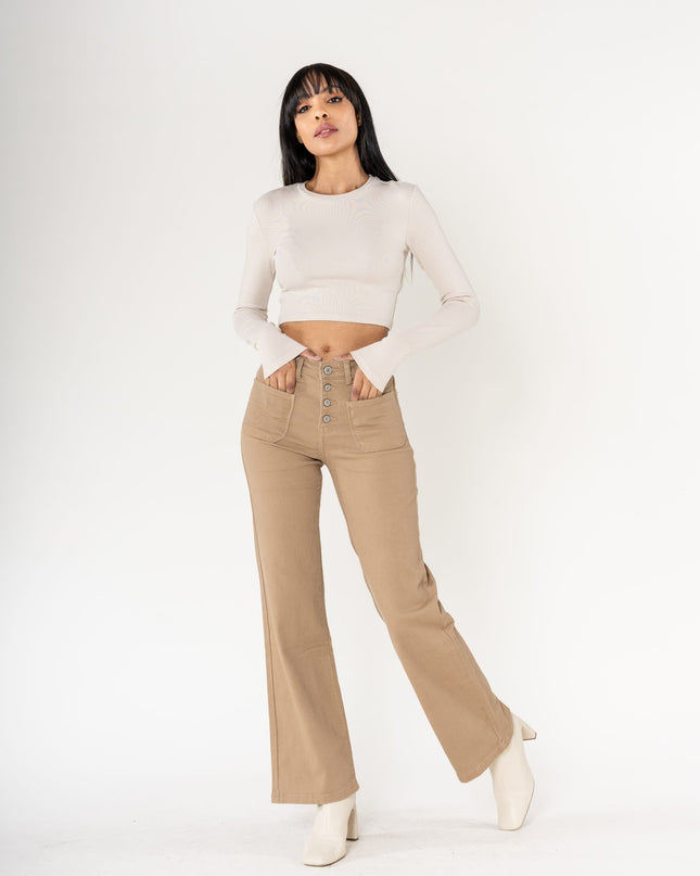 Wholesale colour dark grey super wide leg jeans with high rise and buttons