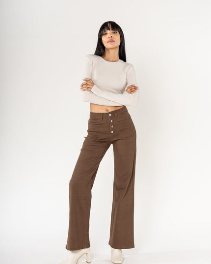 Wholesale chocolate Super Wide High Waisted Jeans with Buttons