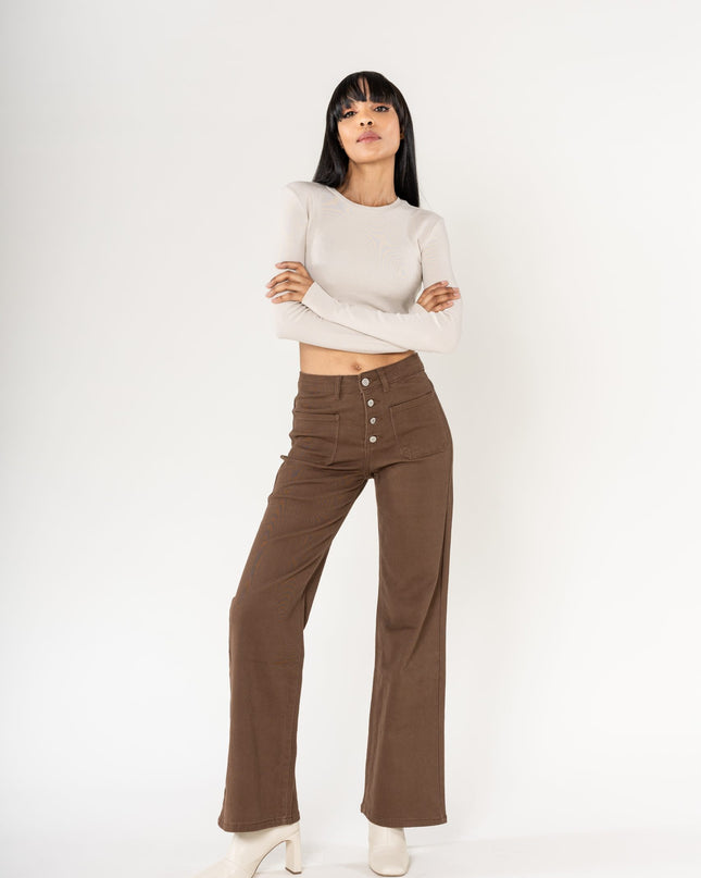 Wholesale chocolate Super Wide High Waisted Jeans with Buttons