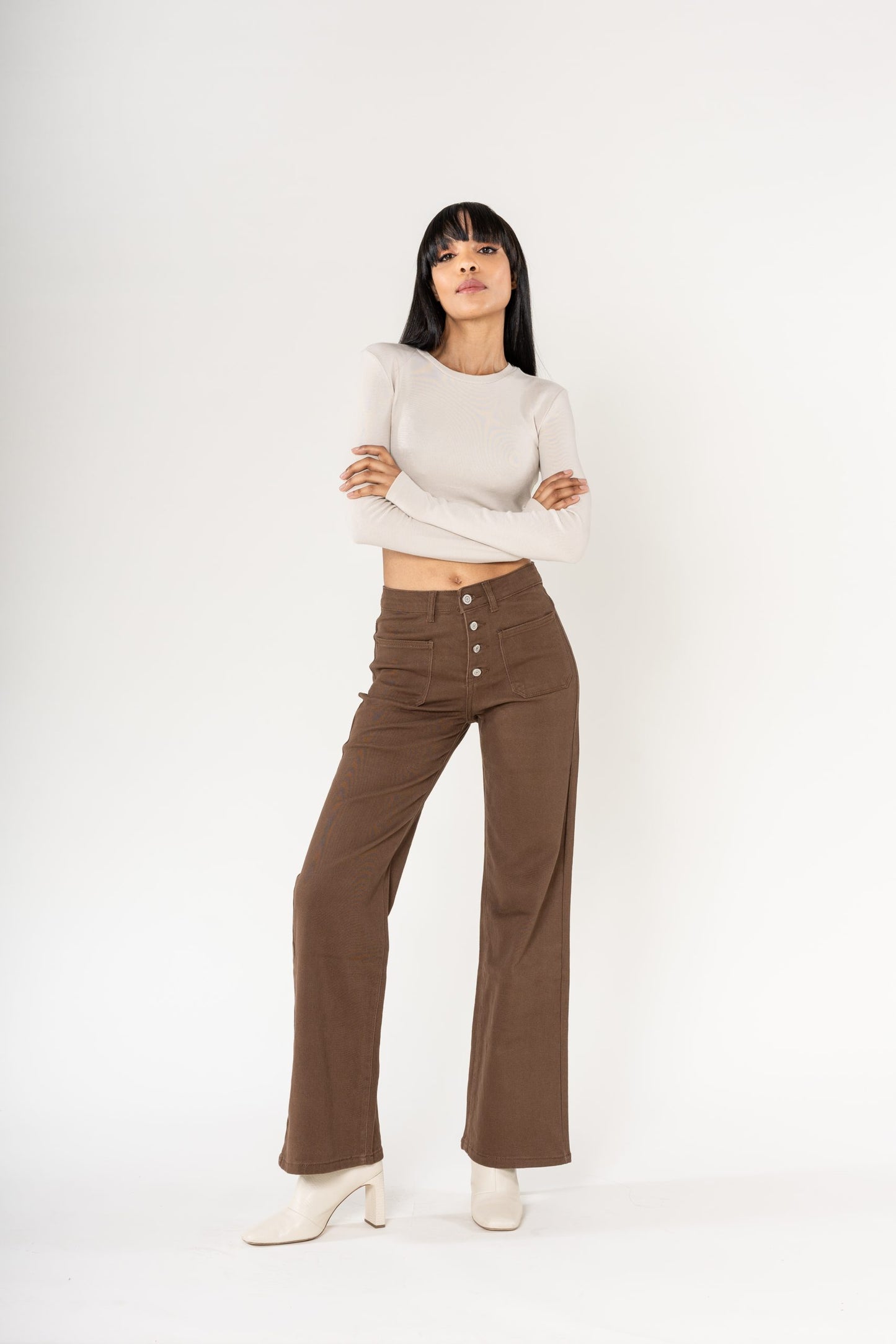 Wholesale chocolate Super Wide High Waisted Jeans with Buttons