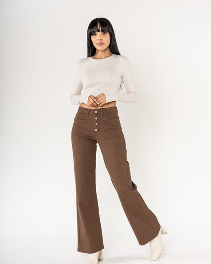 Wholesale chocolate Super Wide High Waisted Jeans with Buttons