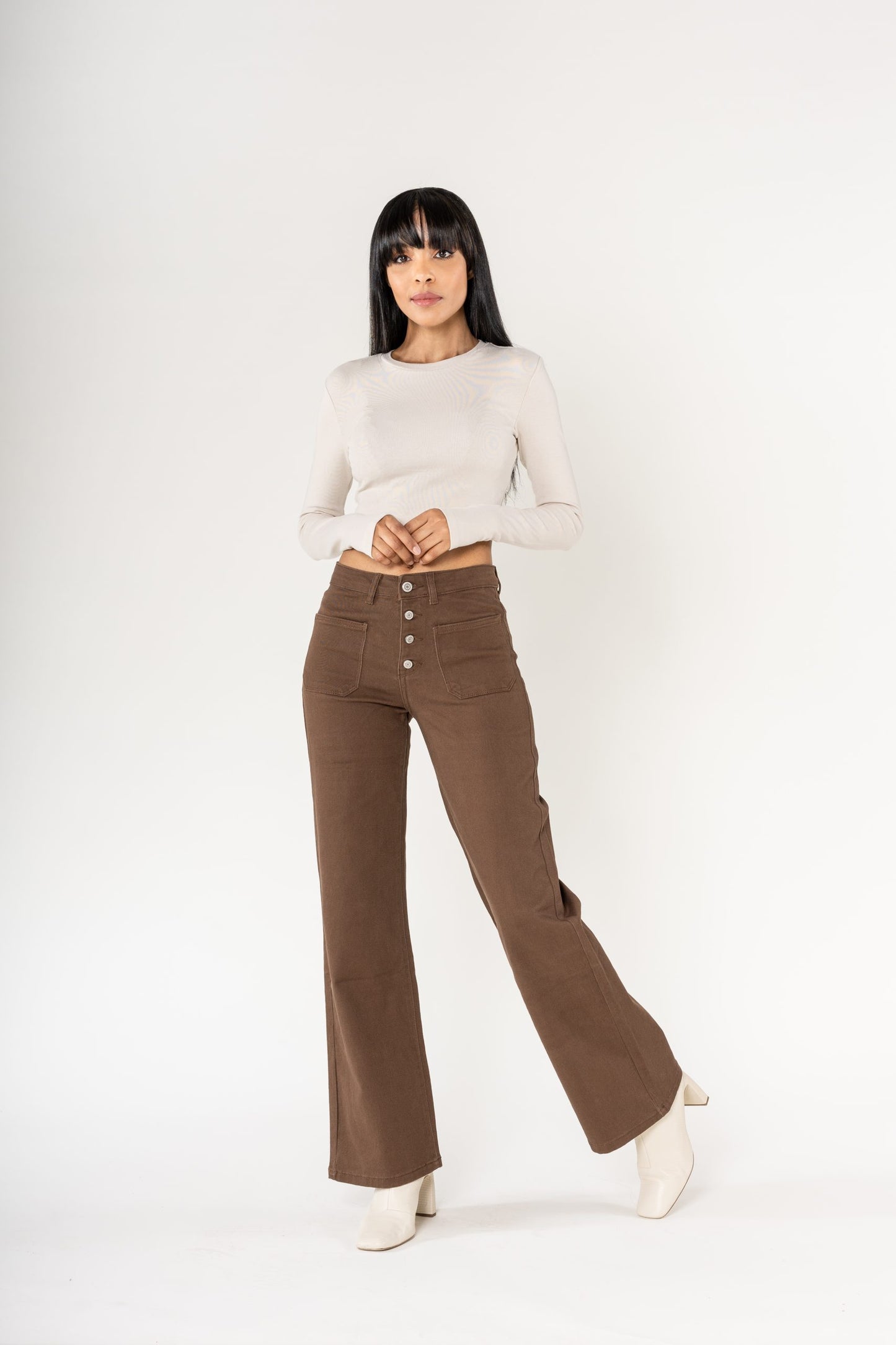 Wholesale chocolate Super Wide High Waisted Jeans with Buttons