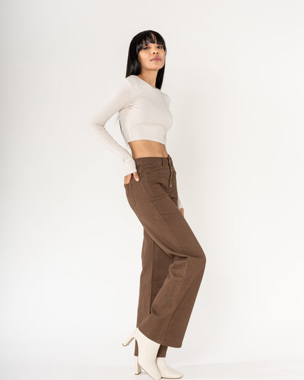 Wholesale chocolate Super Wide High Waisted Jeans with Buttons