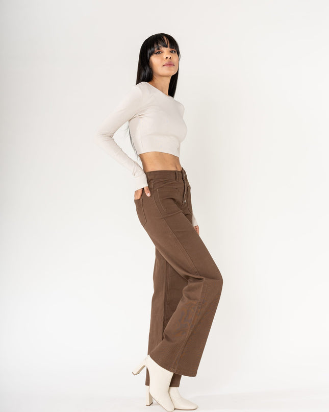 Wholesale chocolate Super Wide High Waisted Jeans with Buttons
