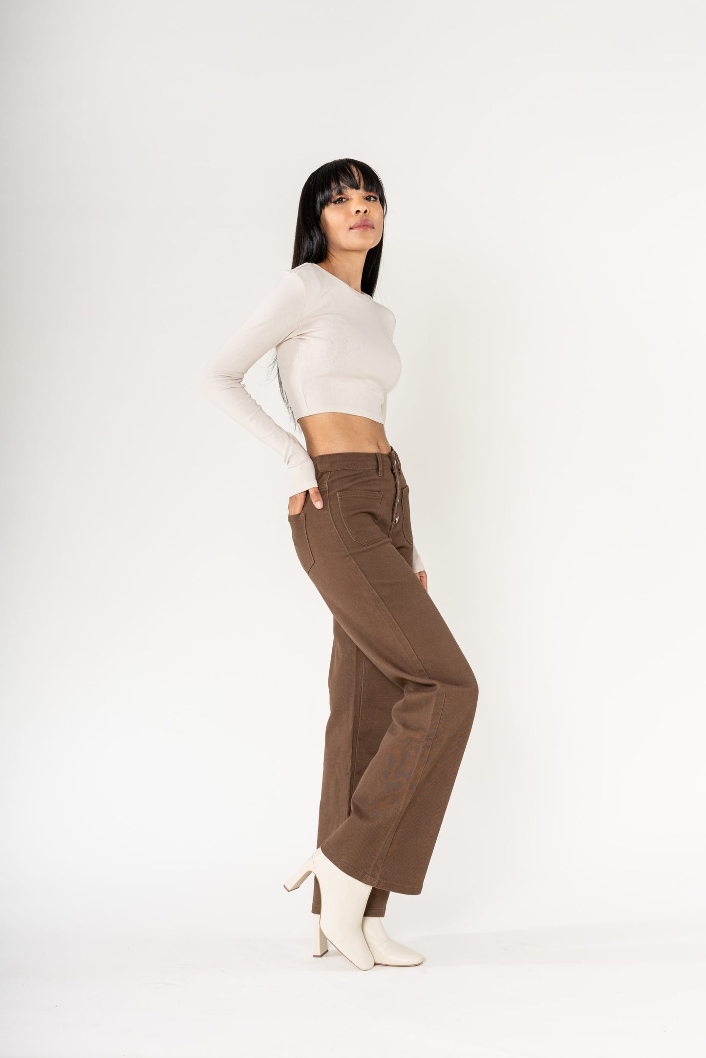 Wholesale chocolate Super Wide High Waisted Jeans with Buttons