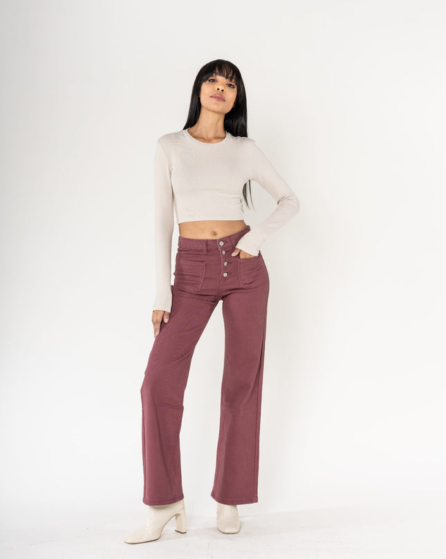 Wholesale coloured plum super wide leg jeans with high rise and buttons