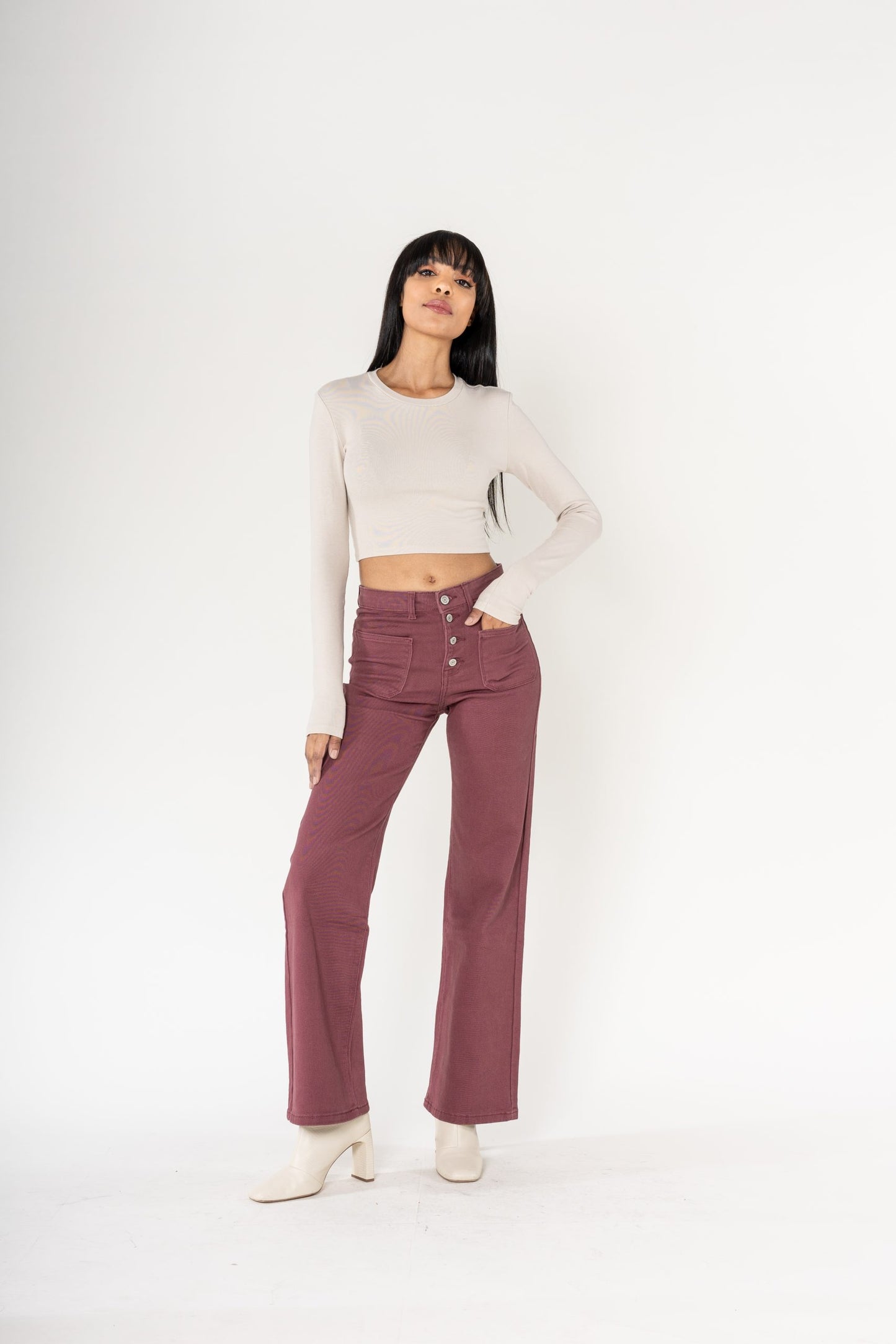 Wholesale coloured plum super wide leg jeans with high rise and buttons