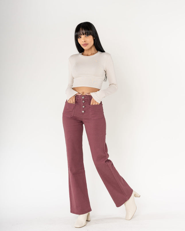 Wholesale coloured plum super wide leg jeans with high rise and buttons