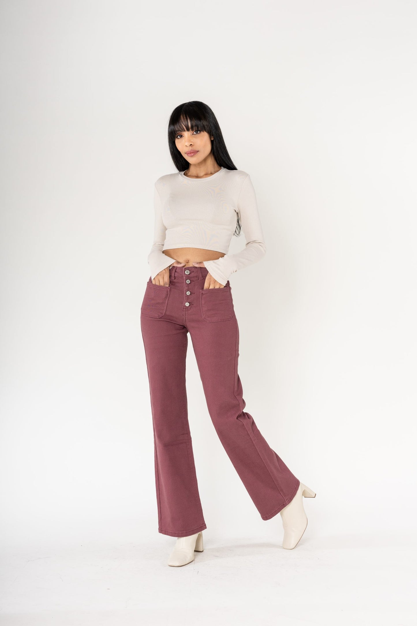 Wholesale coloured plum super wide leg jeans with high rise and buttons