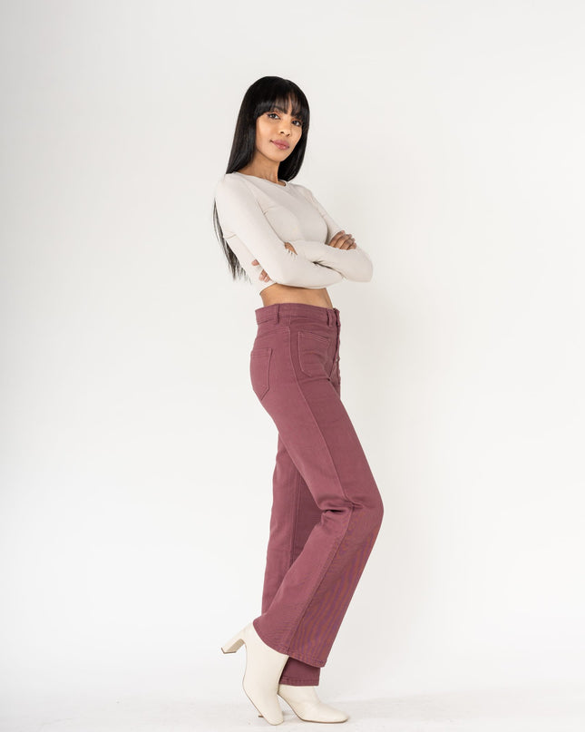 Wholesale coloured plum super wide leg jeans with high rise and buttons
