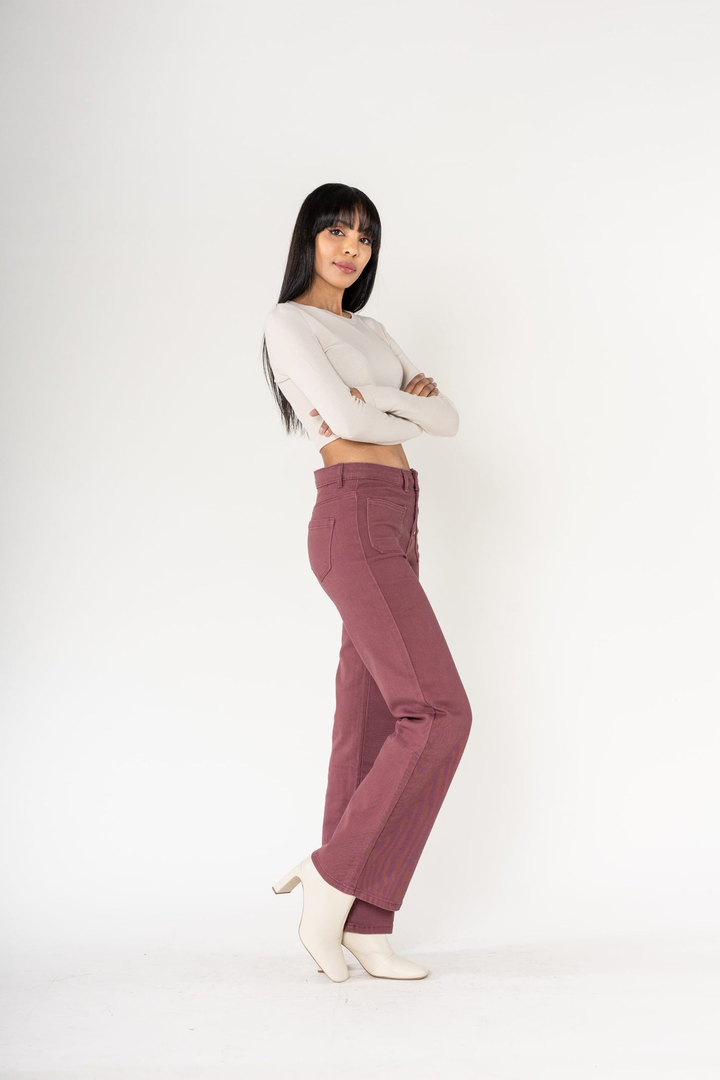 Wholesale coloured plum super wide leg jeans with high rise and buttons