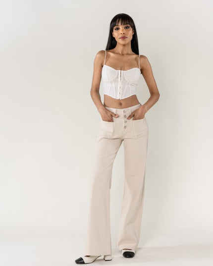 Wholesale Cream Super Wide High Waisted Jeans with Buttons