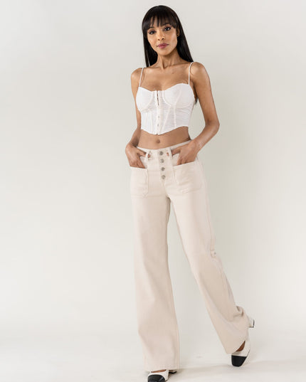 Wholesale Cream Super Wide High Waisted Jeans with Buttons