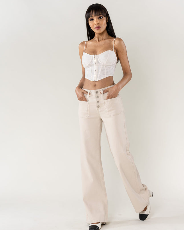 Wholesale Cream Super Wide High Waisted Jeans with Buttons