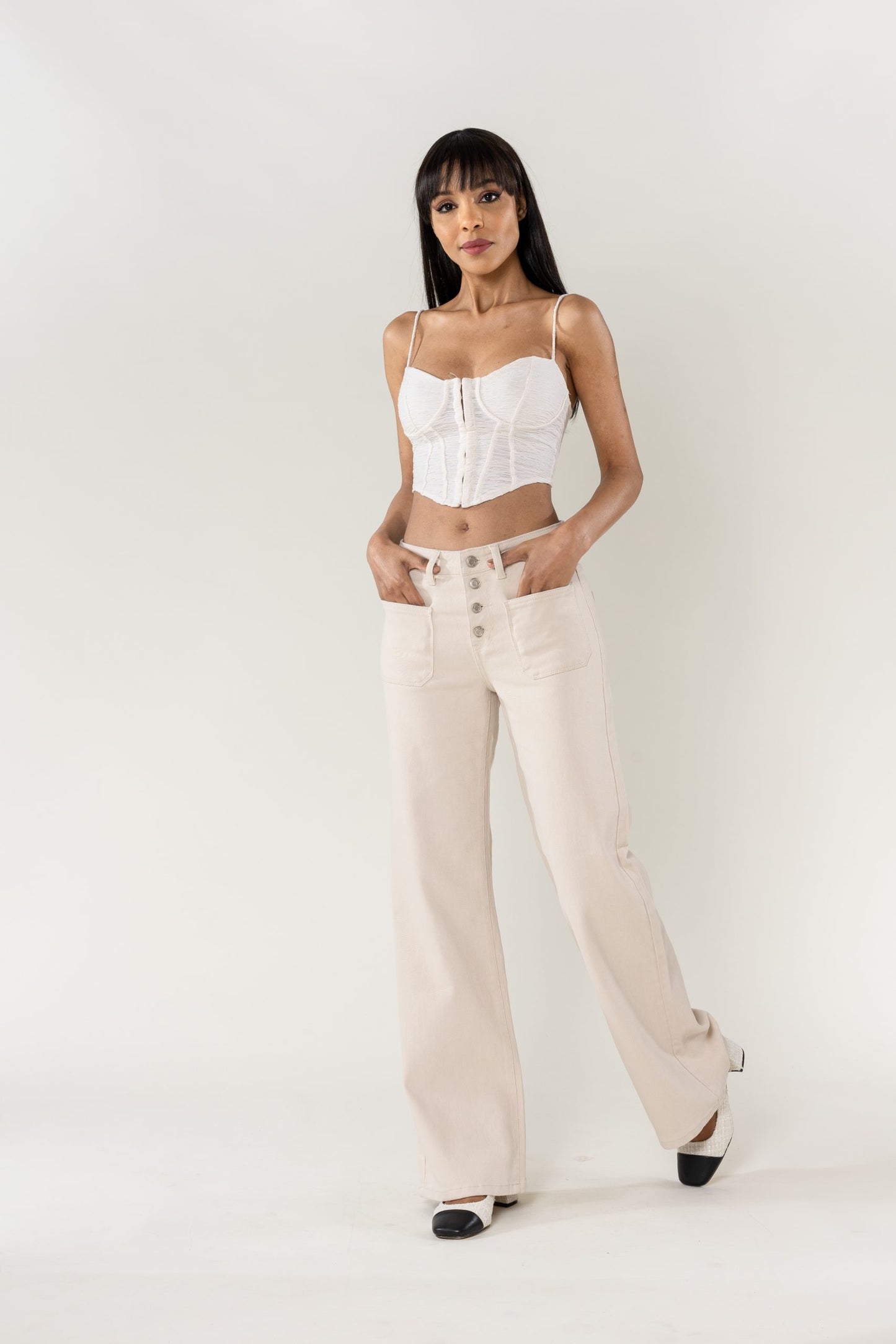 Wholesale Cream Super Wide High Waisted Jeans with Buttons