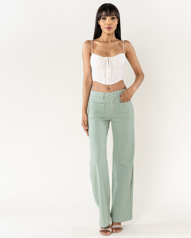 Wholesale Sage Super Wide High Waisted Jeans with Buttons
