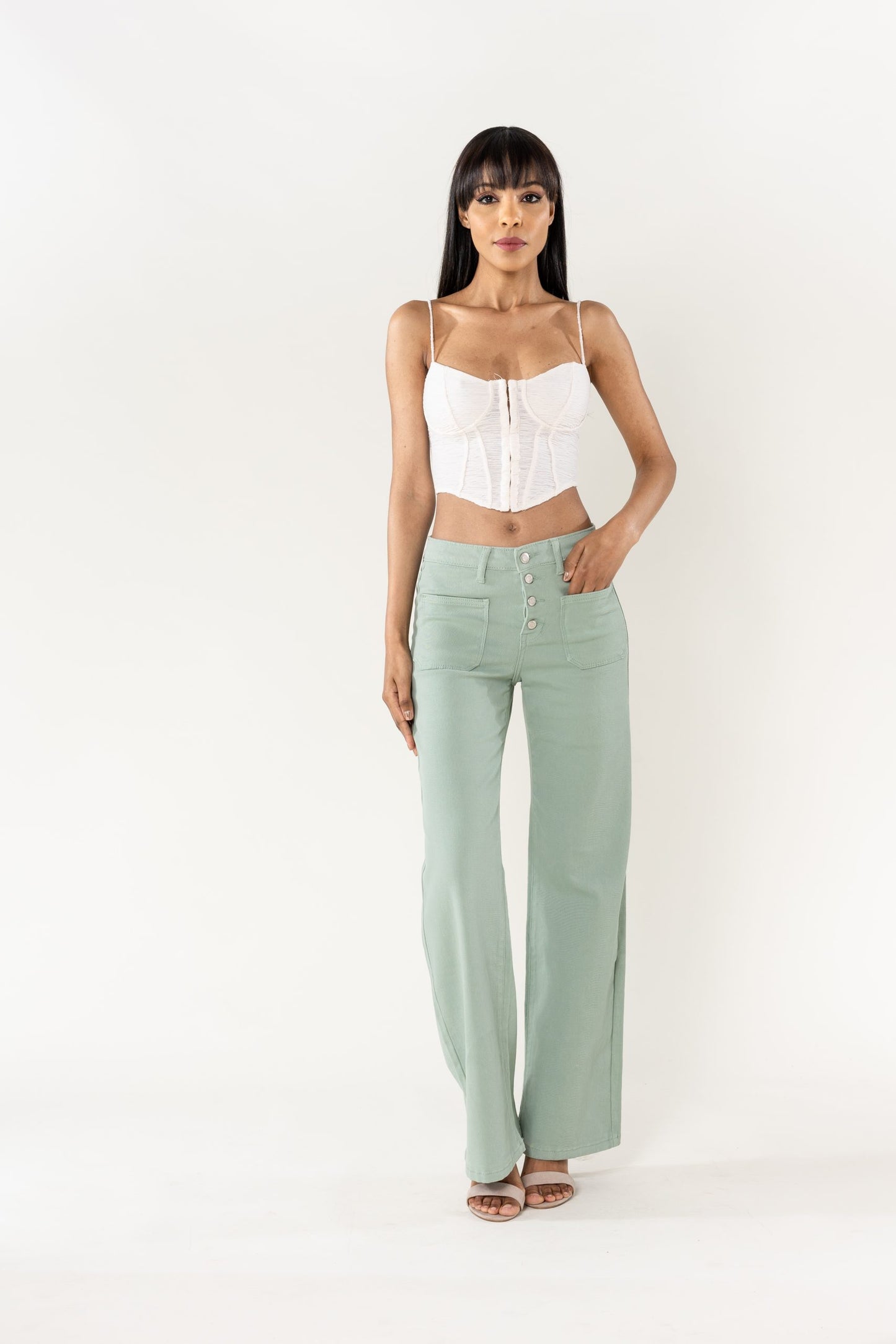 Wholesale Sage Super Wide High Waisted Jeans with Buttons