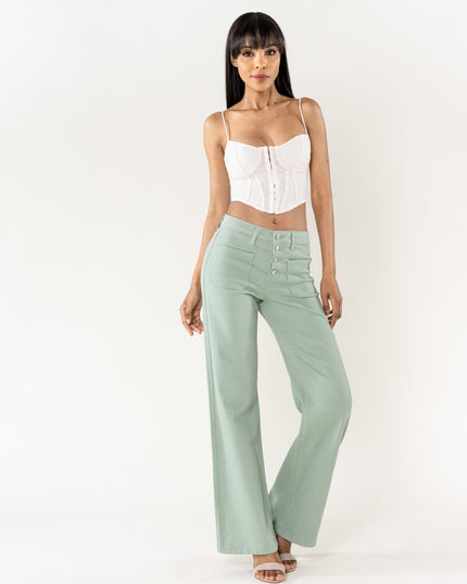 Wholesale Sage Super Wide High Waisted Jeans with Buttons