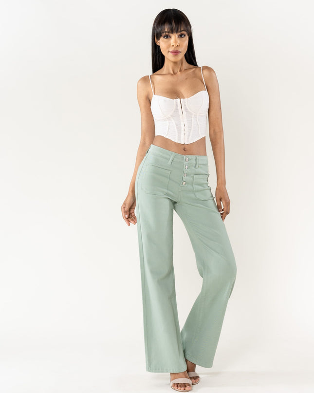 Wholesale Sage Super Wide High Waisted Jeans with Buttons