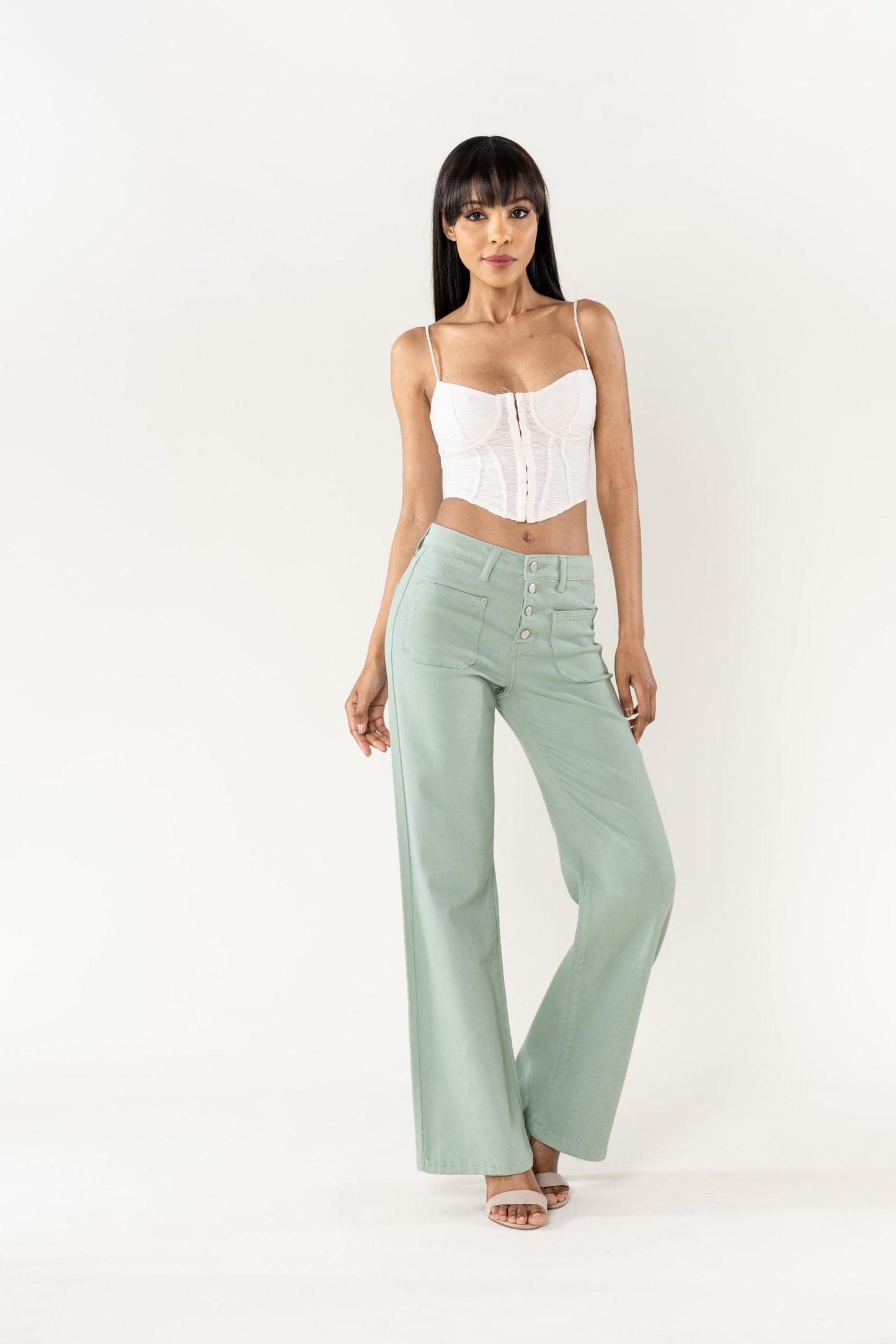 Wholesale Sage Super Wide High Waisted Jeans with Buttons