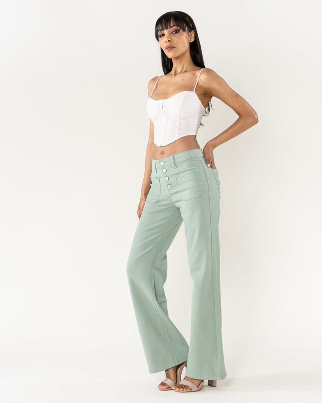 Wholesale Sage Super Wide High Waisted Jeans with Buttons