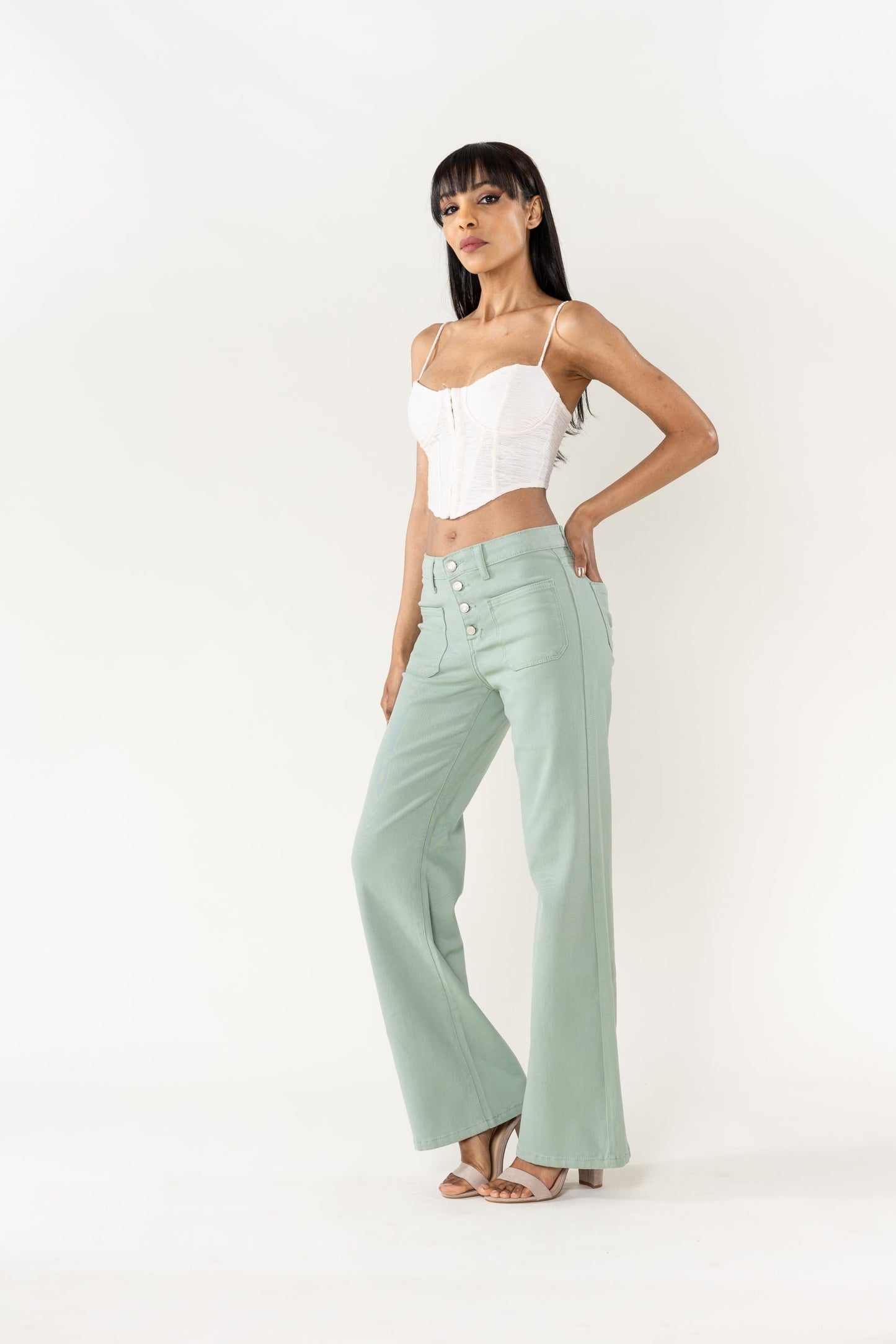 Wholesale Sage Super Wide High Waisted Jeans with Buttons