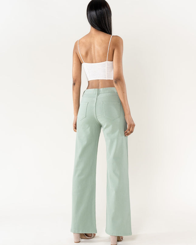 Wholesale Sage Super Wide High Waisted Jeans with Buttons