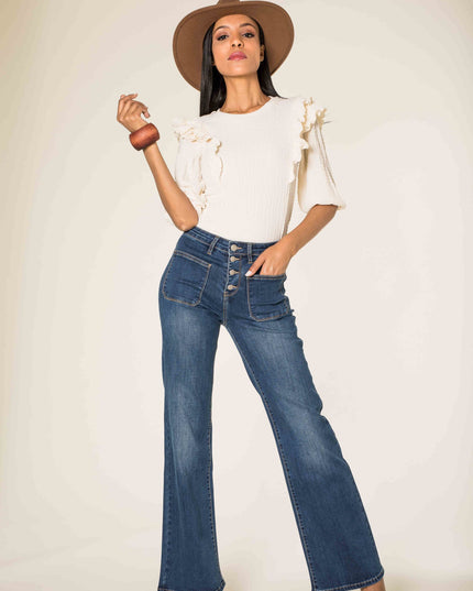 Wholesale dark blue Super Wide High Waisted Jeans with Buttons