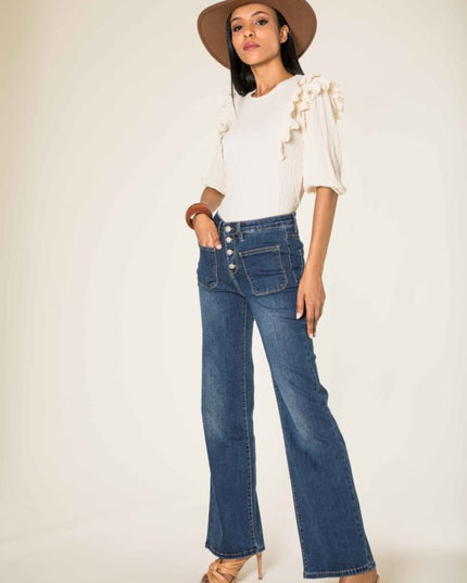 Wholesale dark blue Super Wide High Waisted Jeans with Buttons
