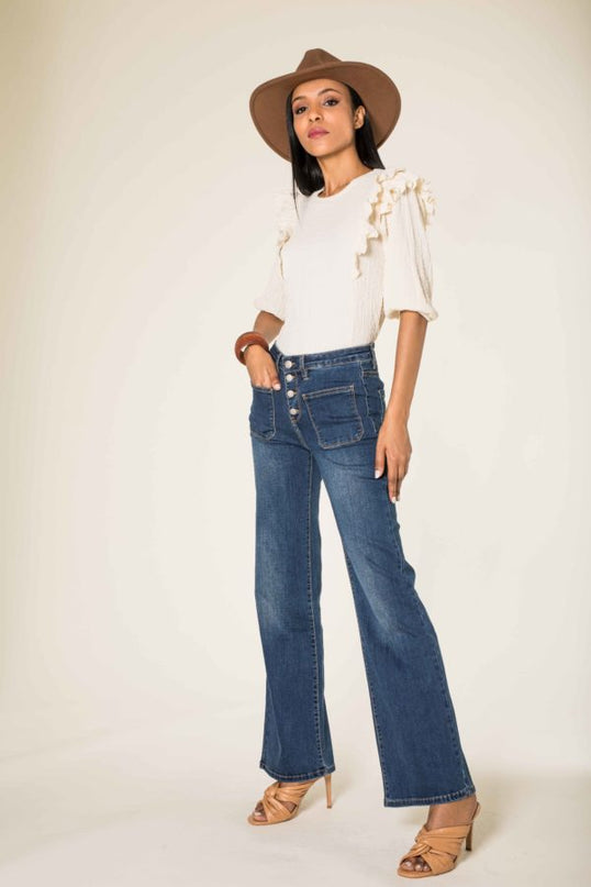 Wholesale dark blue Super Wide High Waisted Jeans with Buttons