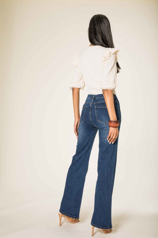Wholesale dark blue Super Wide High Waisted Jeans with Buttons