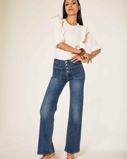 Wholesale dark blue Super Wide High Waisted Jeans with Buttons