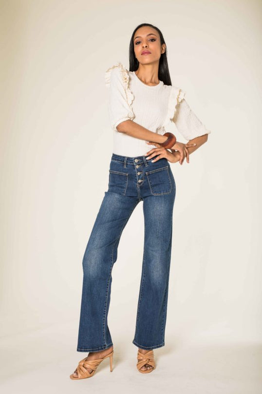 Wholesale dark blue Super Wide High Waisted Jeans with Buttons