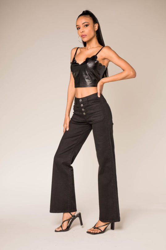 Wholesale Black Super Wide High Waisted Jeans with Buttons