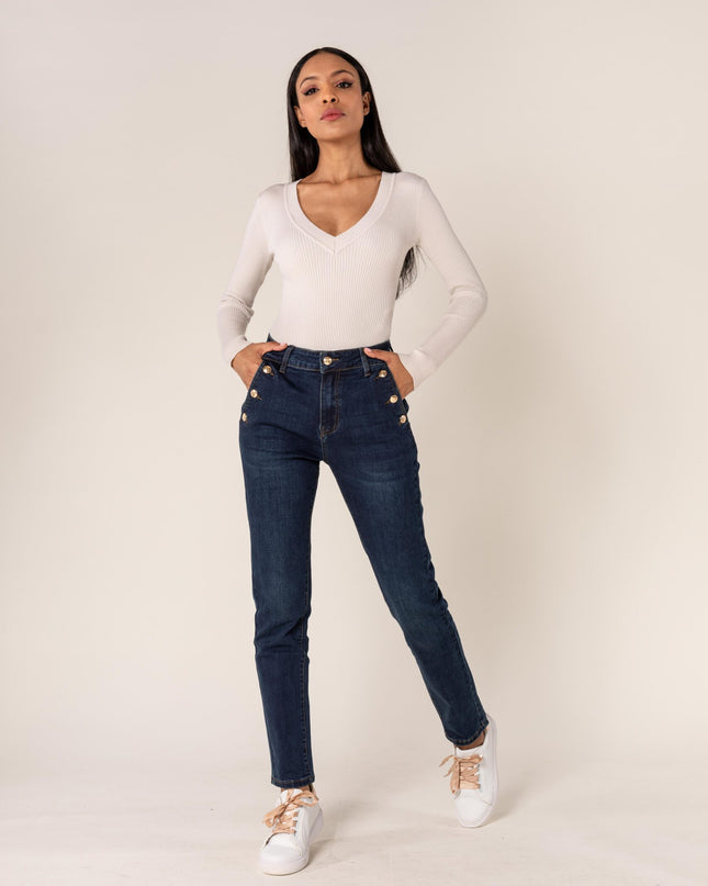Wholesale Mom Gold Button Jeans Dark Blue