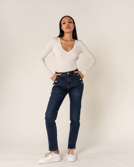 Wholesale Mom Gold Button Jeans Dark Blue