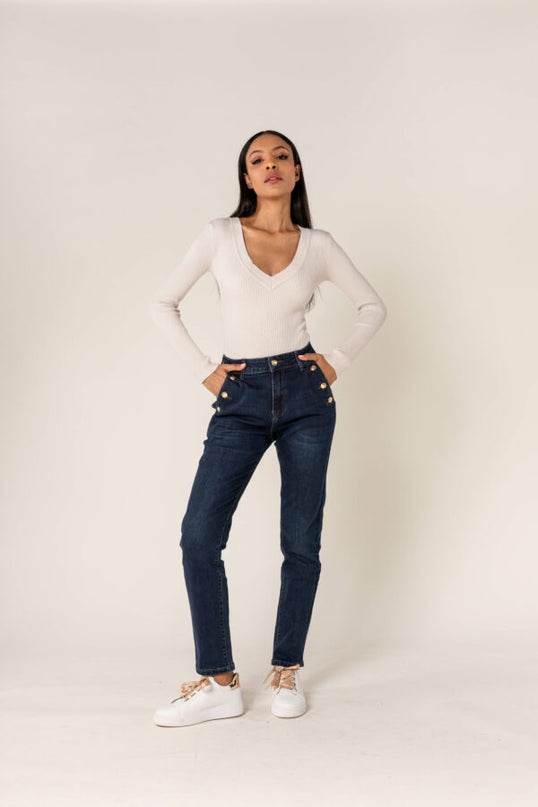 Wholesale Mom Gold Button Jeans Dark Blue