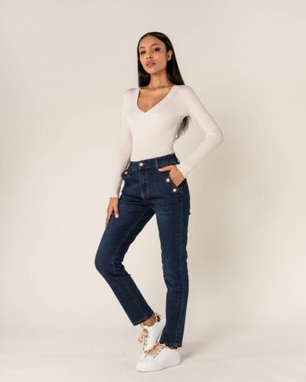 Wholesale Mom Gold Button Jeans Dark Blue