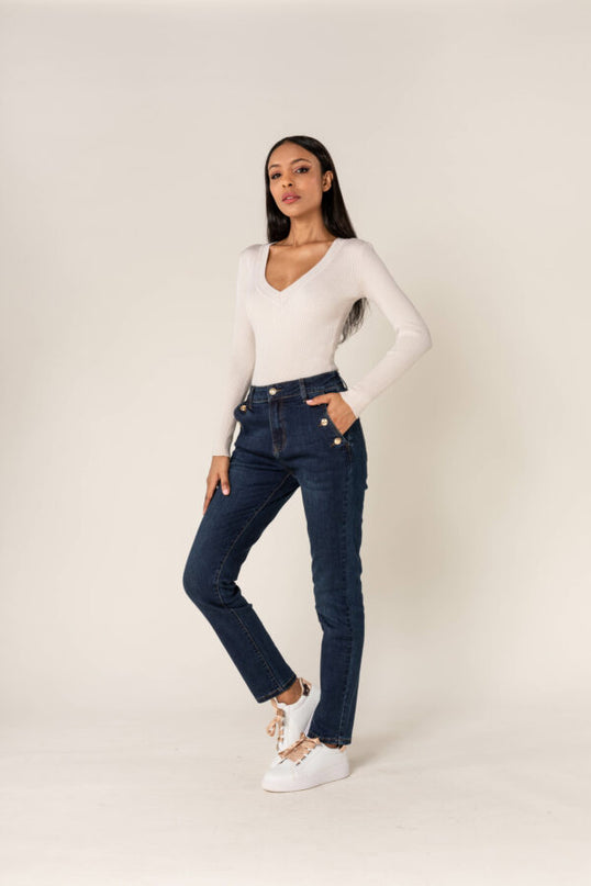 Wholesale Mom Gold Button Jeans Dark Blue