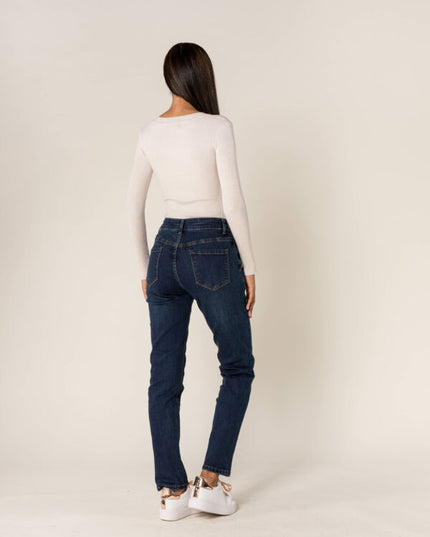 Wholesale Mom Gold Button Jeans Dark Blue