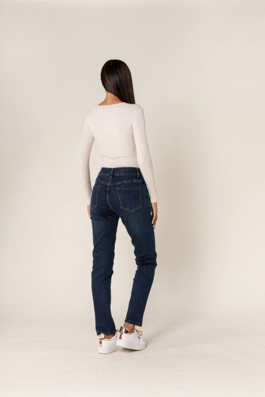 Wholesale Mom Gold Button Jeans Dark Blue