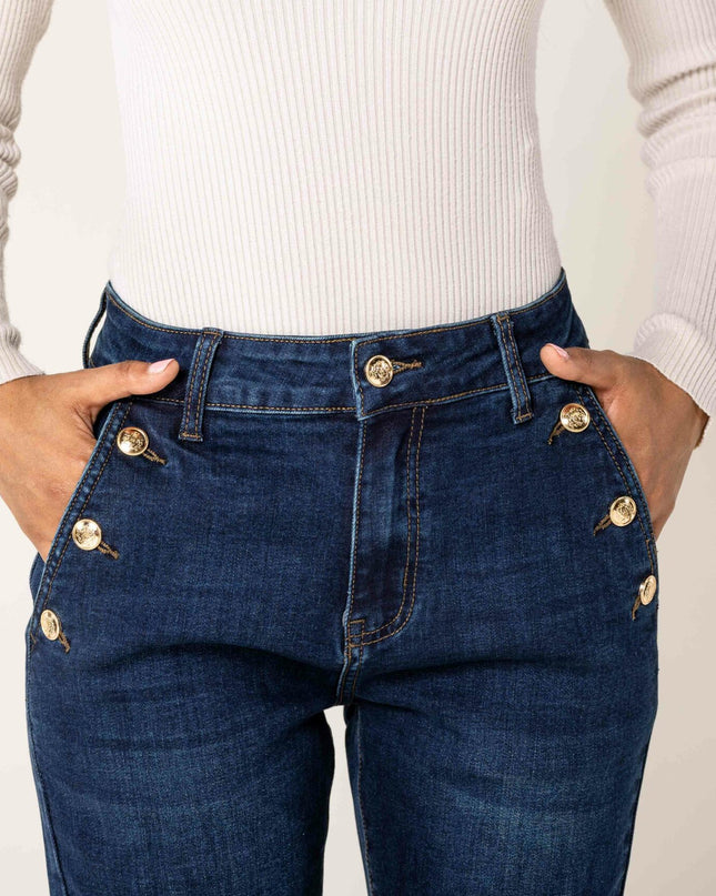 Wholesale Mom Gold Button Jeans Dark Blue