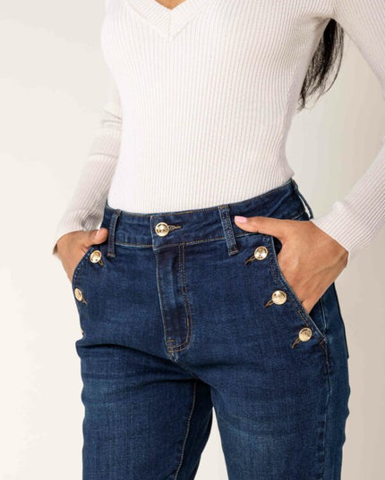 Wholesale Mom Gold Button Jeans Dark Blue