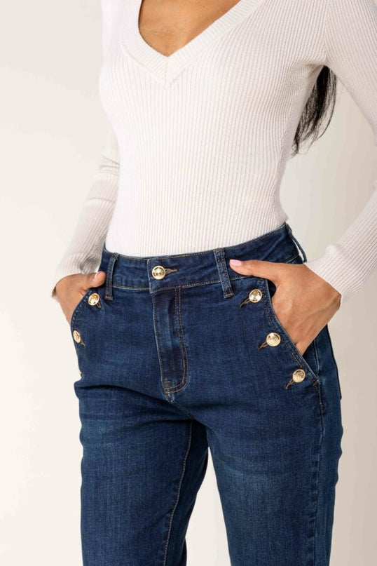 Wholesale Mom Gold Button Jeans Dark Blue