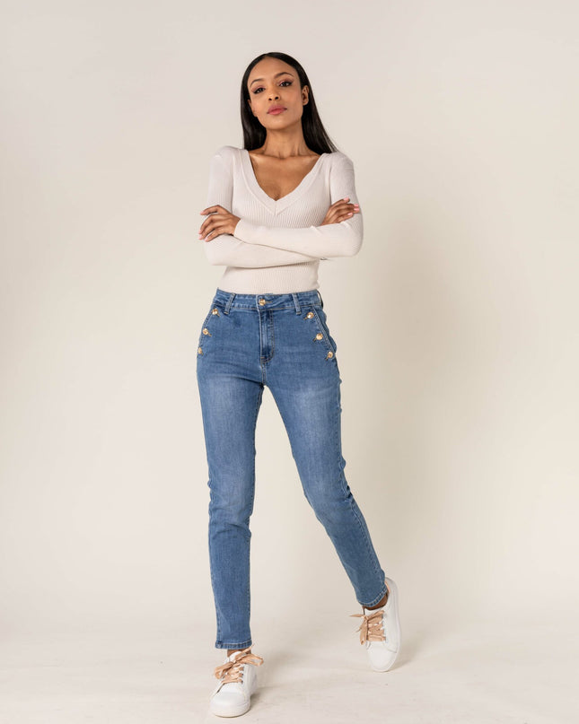 Wholesale Mom Gold Button Jeans Blue