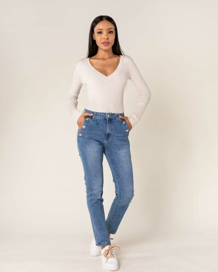 Wholesale Mom Gold Button Jeans Blue